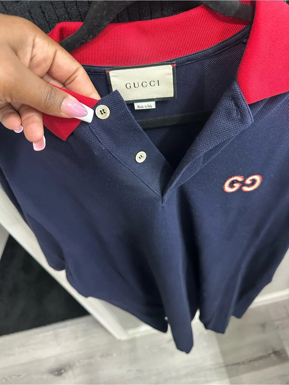 Gucci Navy Polo with Red Collar and Embroidered GG
